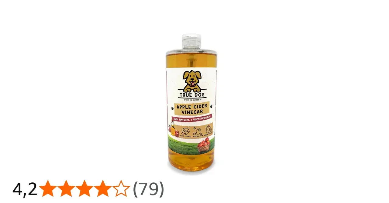 Butelka z płynem "Apple Cider Vinegar" marki True Dog. To naturalny ocet jabłkowy dla psa, wspierający stawy, skórę i odporność.