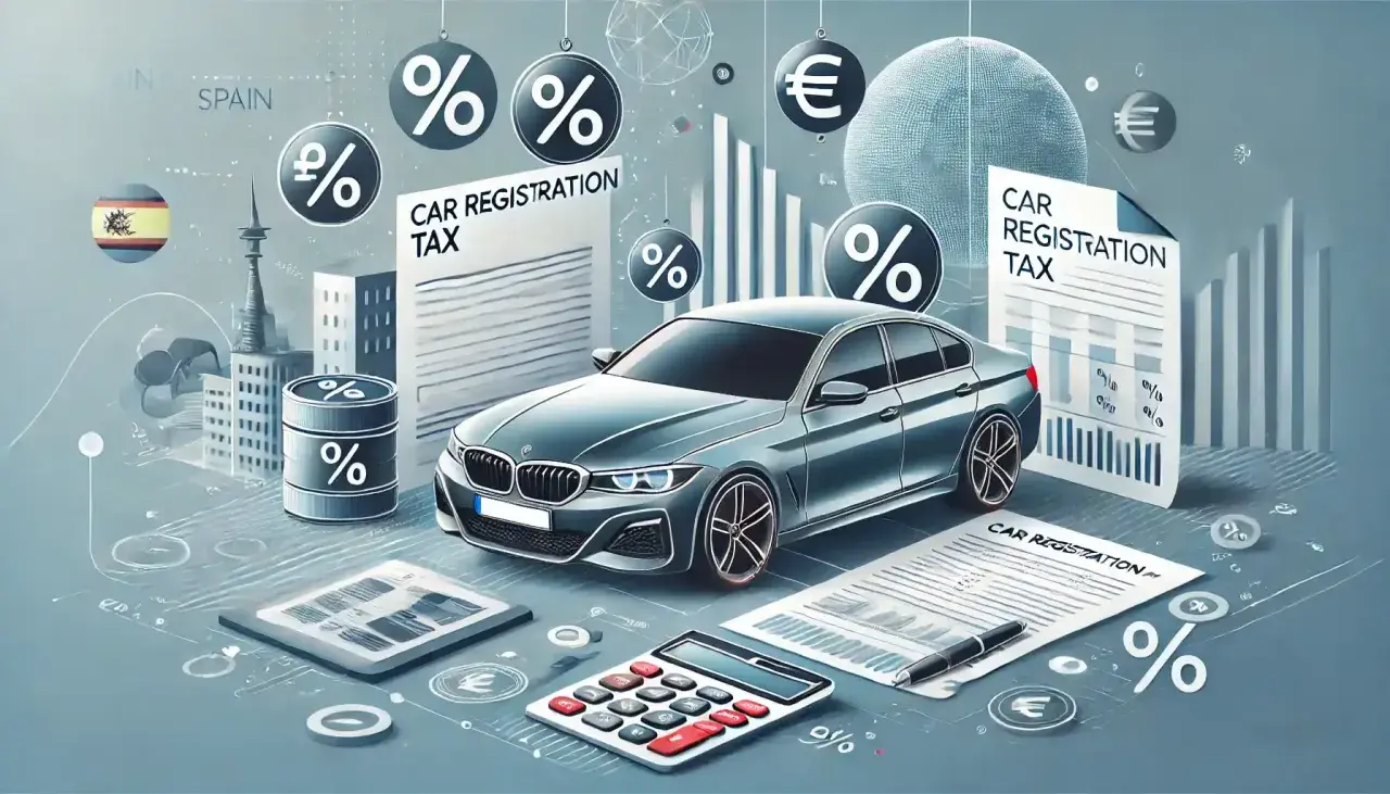 Coche gris, calculadora, documentos de "impuesto matriculacion coche" y gráficos financieros.