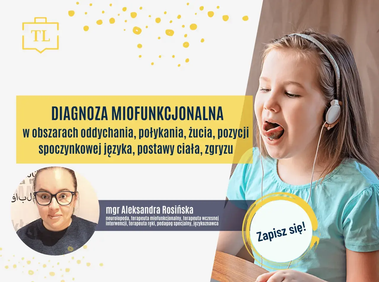 Dziewczynka w słuchawkach ćwiczy język, obok zdjęcie logopedy.