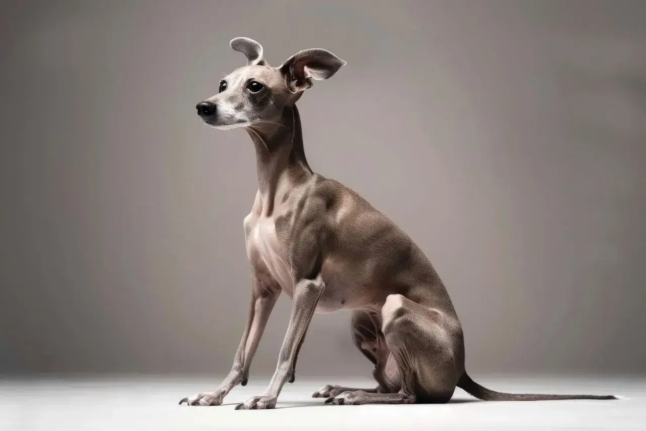 Ein schlanker Windspiel-Hund sitzt elegant, seine Ohren aufmerksam gespitzt.