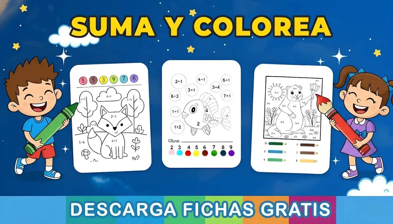 Niños felices con crayones, listos para descargar sumas para imprimir y colorear divertidos animales.