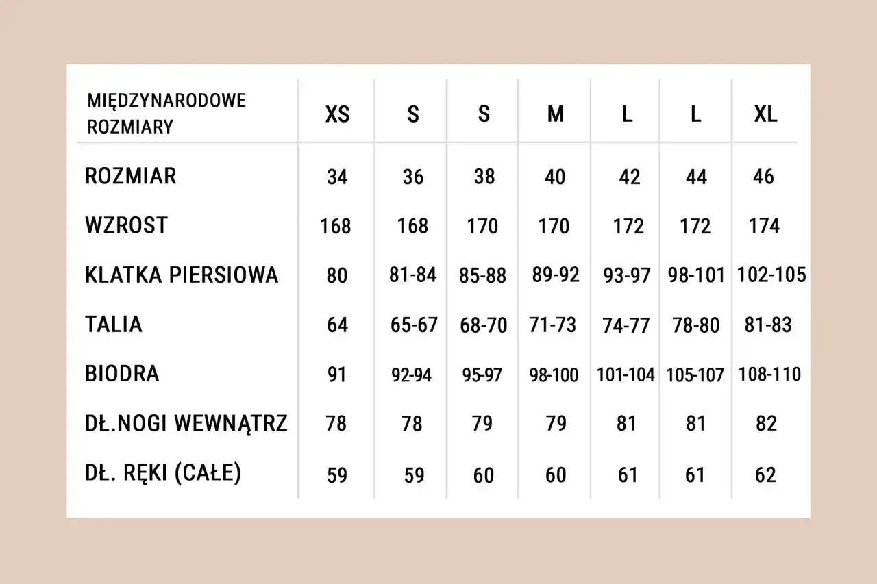 Tabela rozmiarów od XS do XL. Rozmiar 38 (wzrost 170 cm) odpowiada wiekowi ok. 12-14 lat.