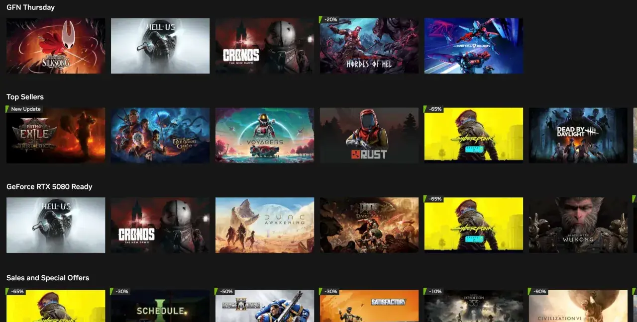 Przeglądaj GeForce Now lista gier: od nowości, przez bestsellery, po promocje. Zobacz tytuły takie jak Cyberpunk 2077, Baldur's Gate 3 i wiele innych.