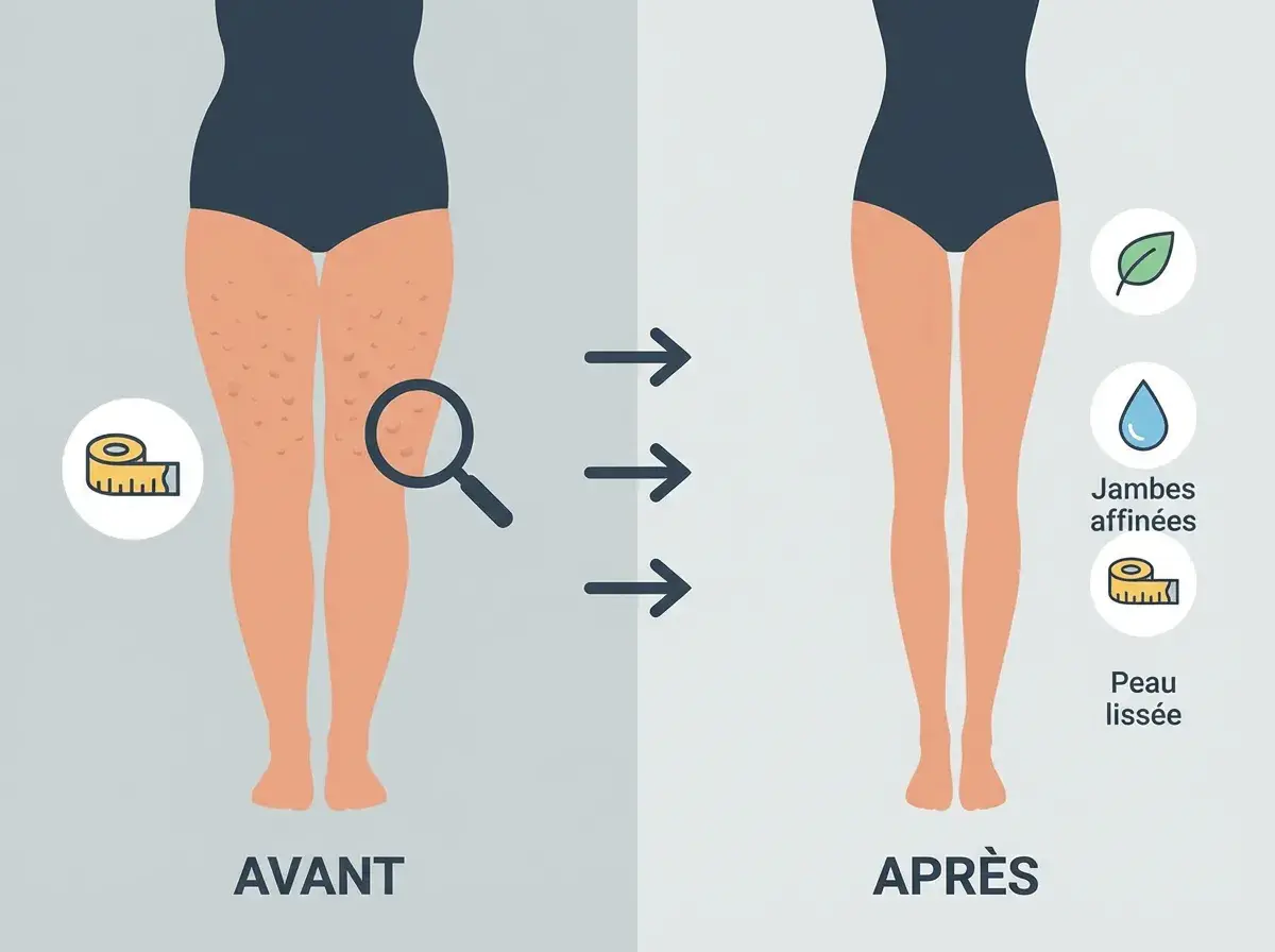 Avant/Après : amélioration de la circulation lymphatique, jambes affinées et peau lissée.