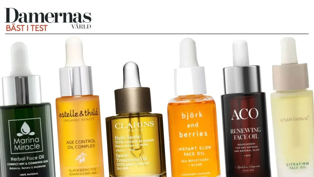 En rad ansiktsoljor för olika hudtyper, inklusive Marina Miracle, Estelle & Thild, Clarins, Björk & Berries, ACO och Exuviance.