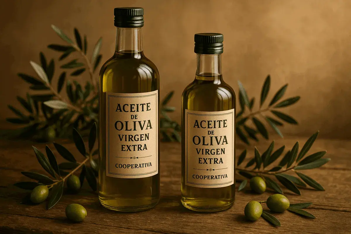 Dos botellas de aceite de oliva virgen extra, con ramas de olivo y aceitunas verdes. Un producto de calidad, una auténtica fuente de oliva.