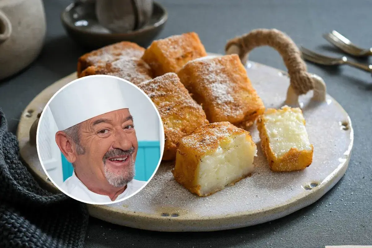 Chef sonríe junto a una bandeja de deliciosa leche frita espolvoreada con azúcar.