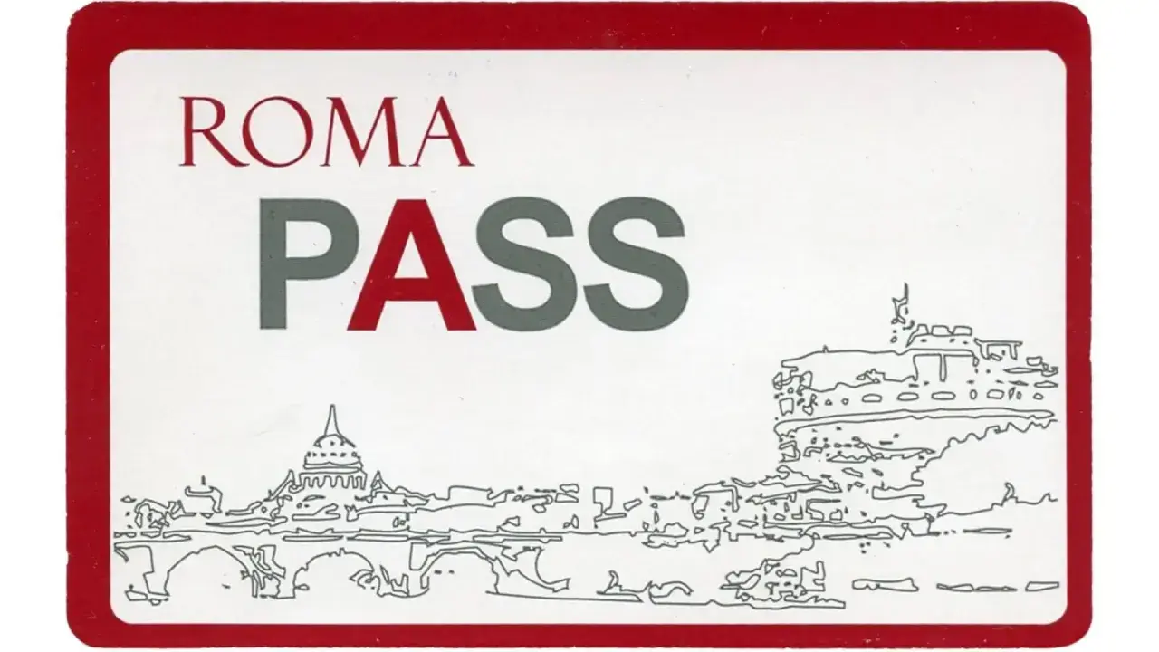 ROMA PASS: un pass per scoprire la città eterna, con uno skyline stilizzato di monumenti romani.