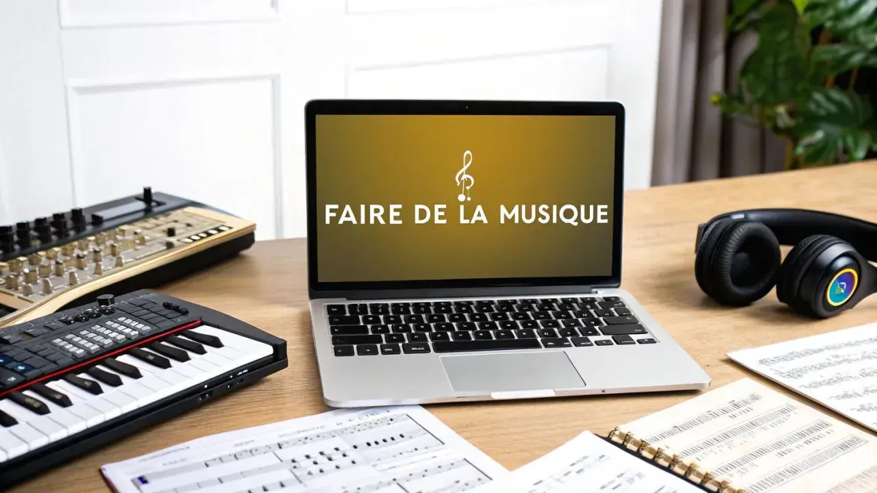 Ordinateur portable affichant "Faire de la musique", avec claviers, partitions et casque. Idéal pour mettre sa musique en ligne gratuitement.