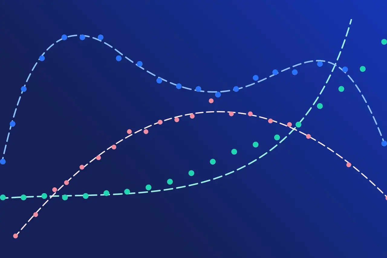 Grafico a linee con tre curve tratteggiate colorate (blu, rosa, verde) che mostrano tendenze e intersezioni su sfondo blu scuro.