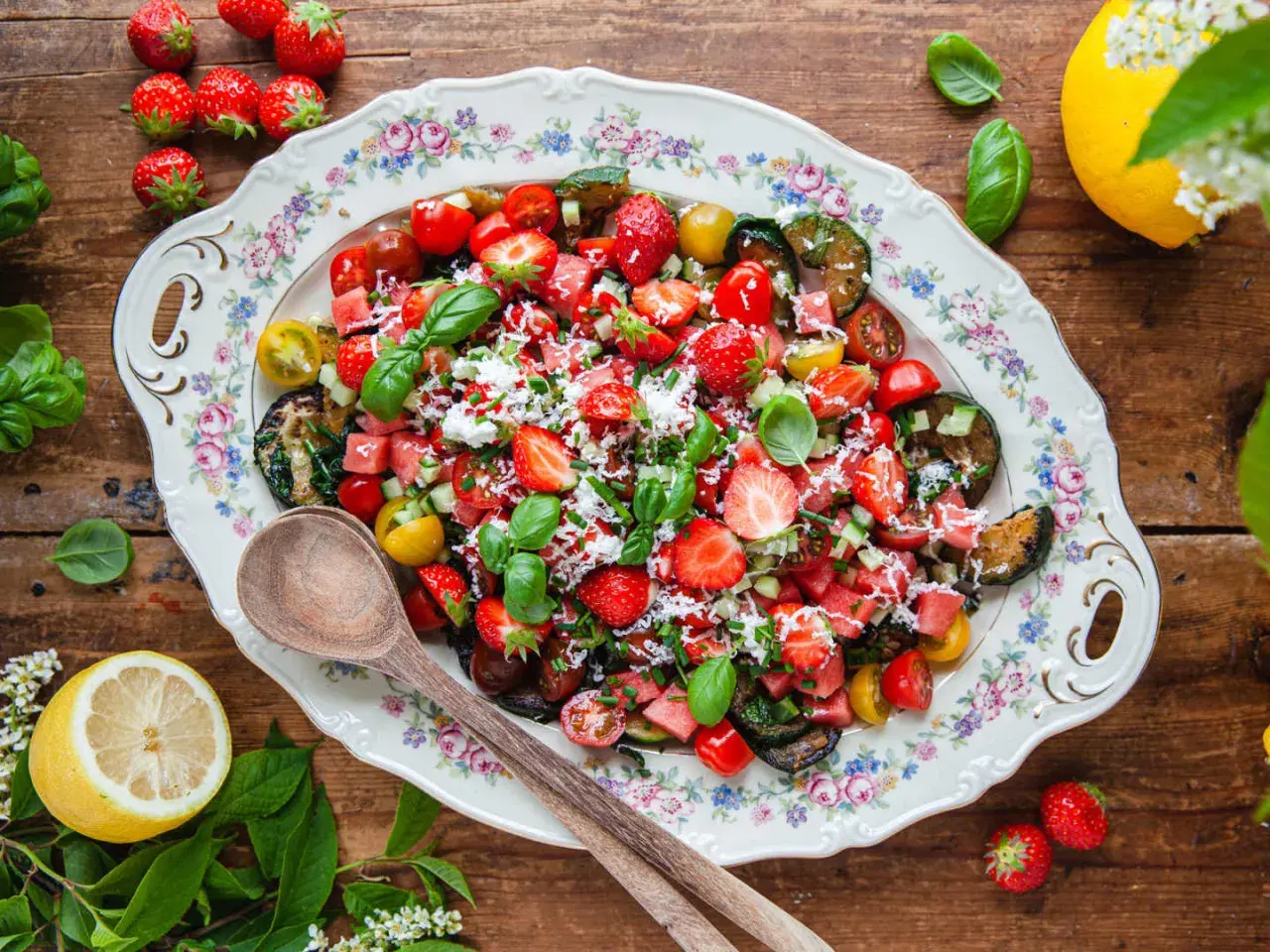 En härlig somrig sallad med jordgubbar, vattenmelon, tomater och basilika på ett vackert fat.