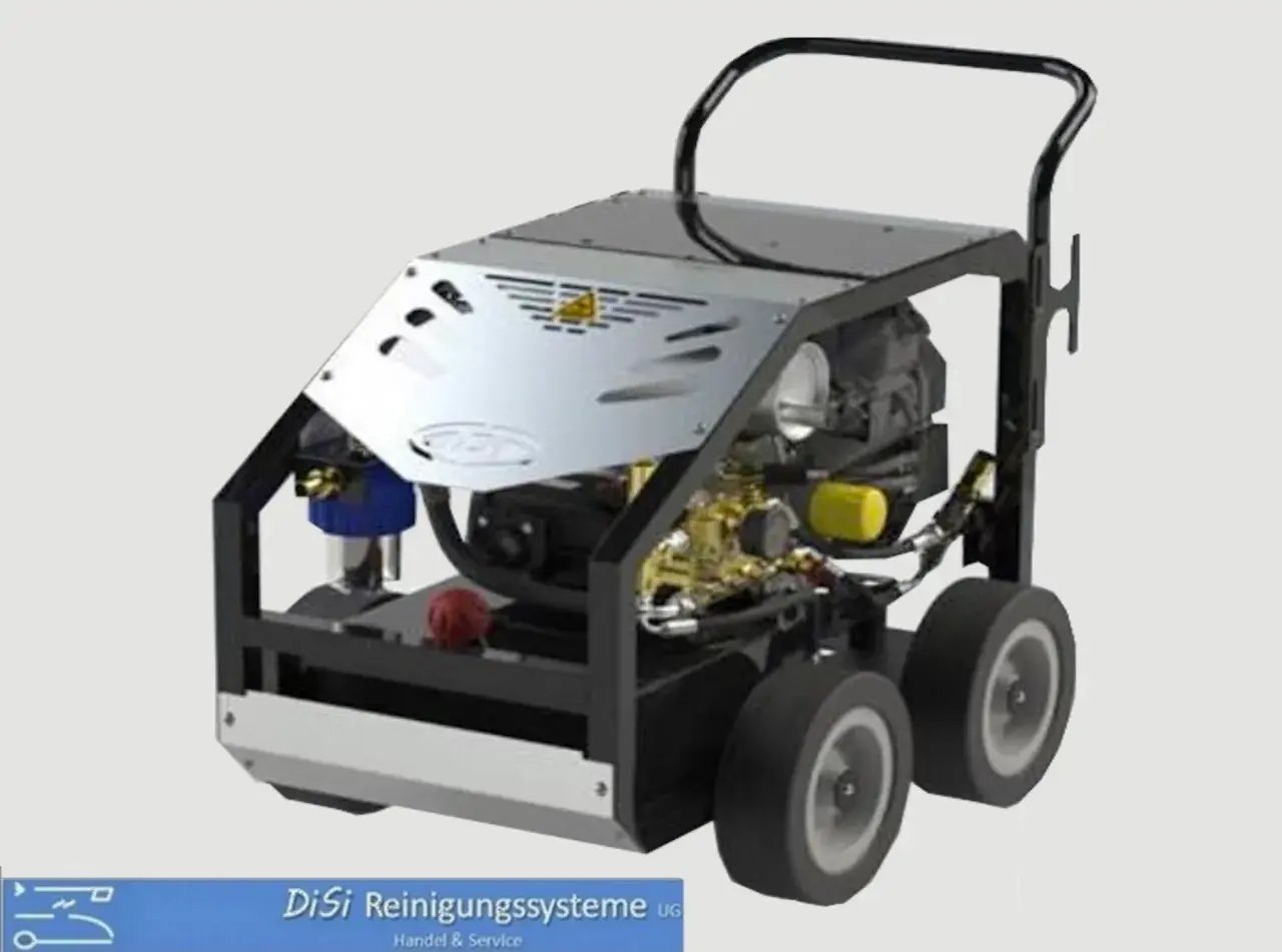 Benzin Hochdruckreiniger mit robustem Rahmen, Rädern und Motor. Ideal für professionelle Reinigungsarbeiten.