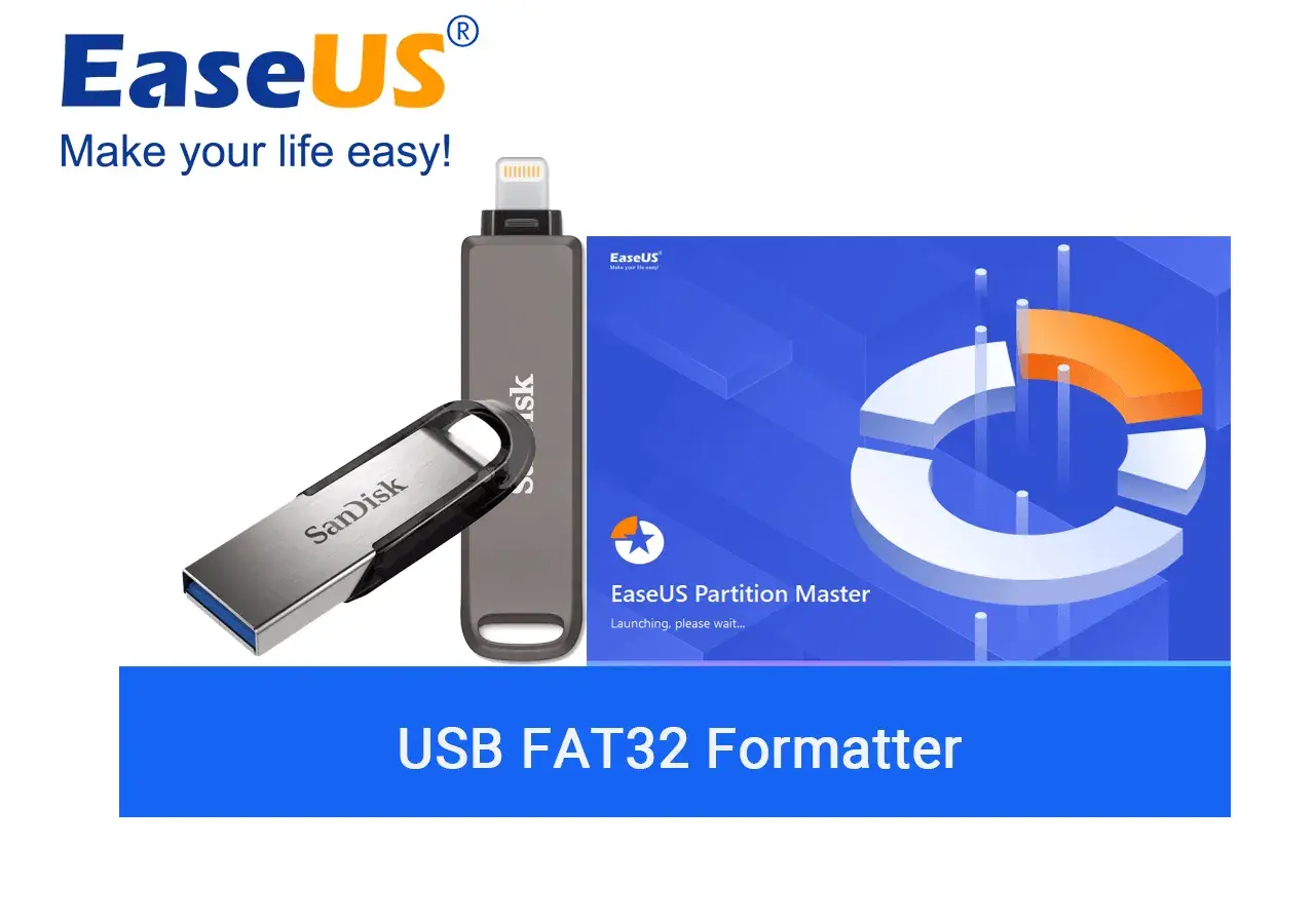 Dwa pendrive'y obok siebie, jeden z logo SanDisk, drugi z logo EaseUS. Na niebieskim tle grafika koła podziału. Napis "USB FAT32 Formatter".