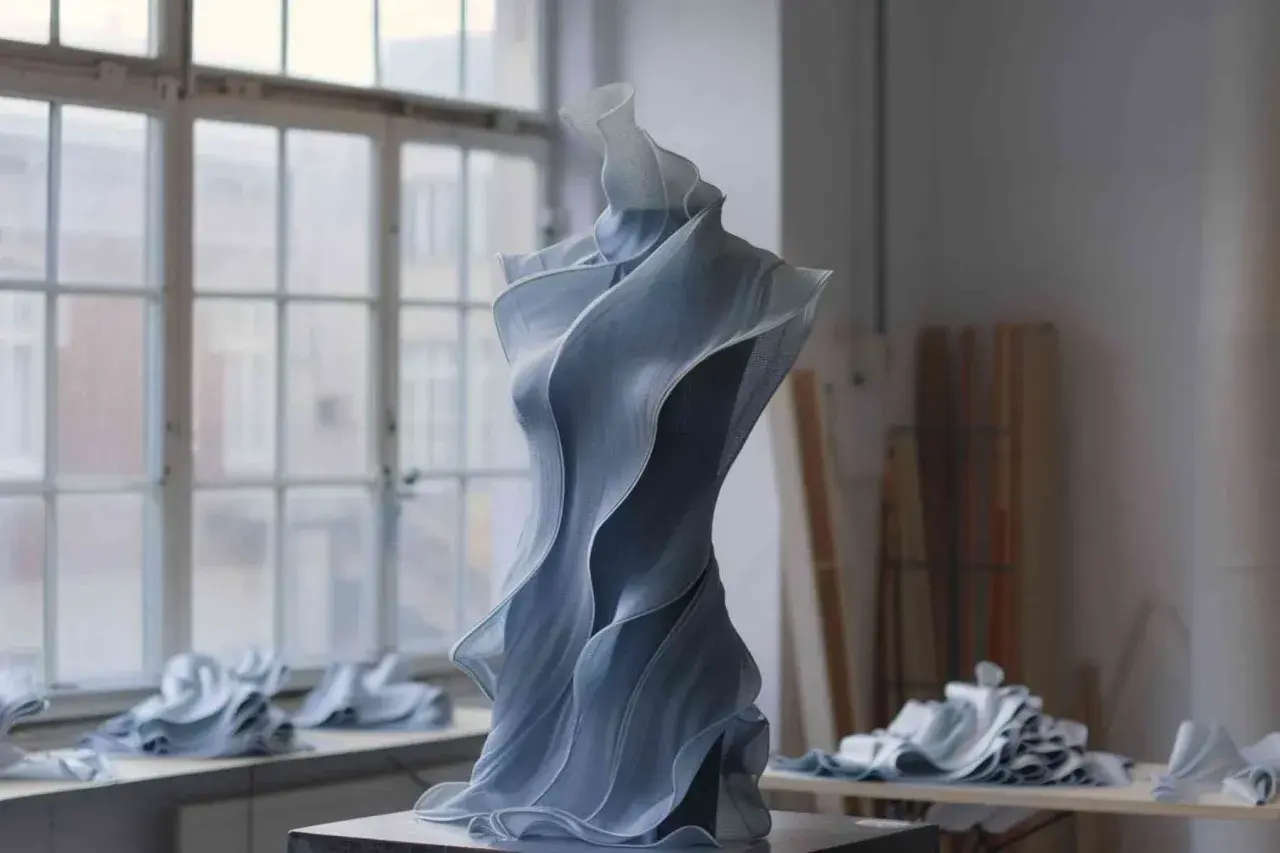 Sculpture en tissu bleu, aux formes fluides et ondulantes, évoquant une robe de haute couture. Une création d'art inspirée par l'IA mode.