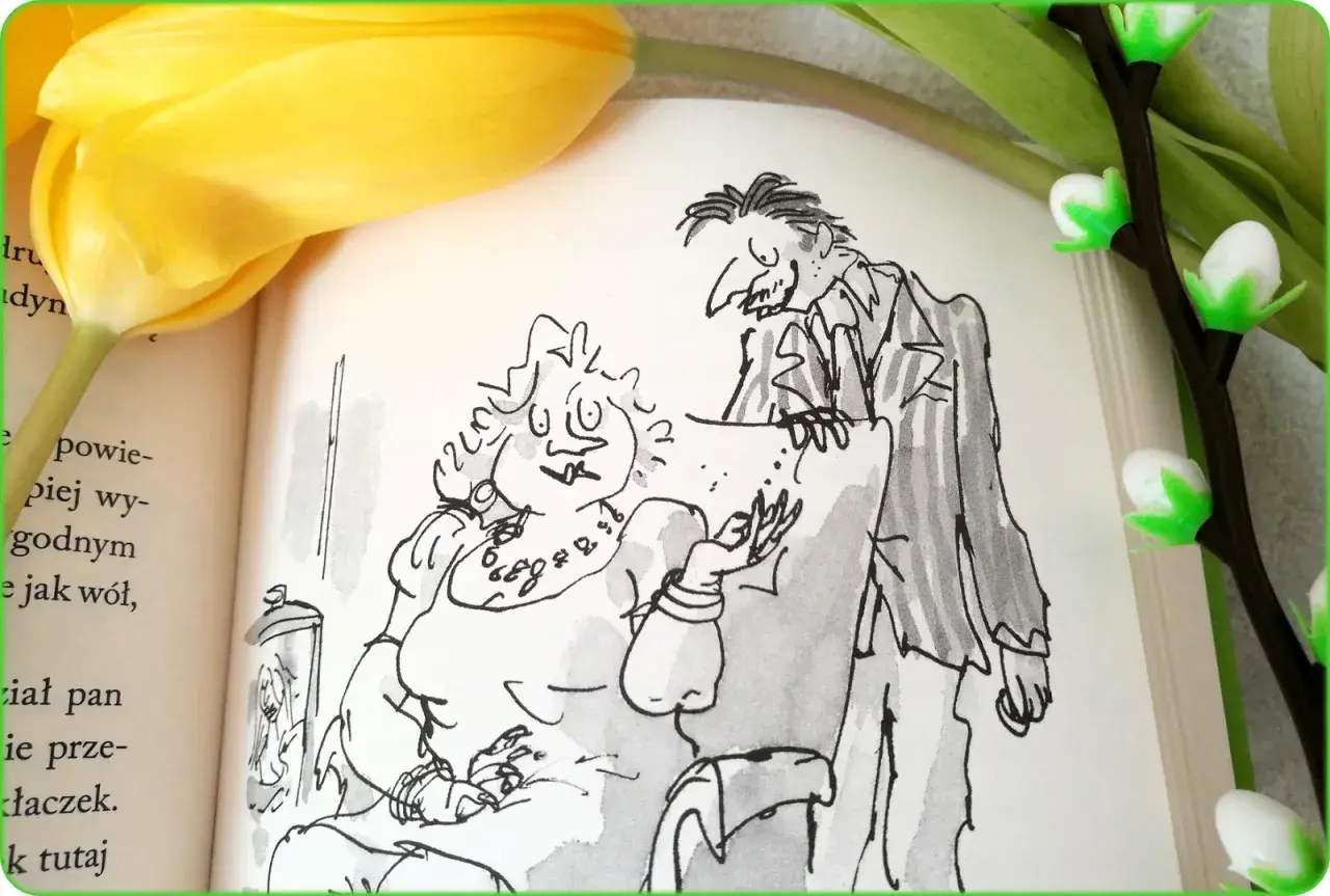 Ilustracja z książki "Matylda" przedstawia panią Trunchbull i pana Wormwooda. Recenzja książki Matylda.