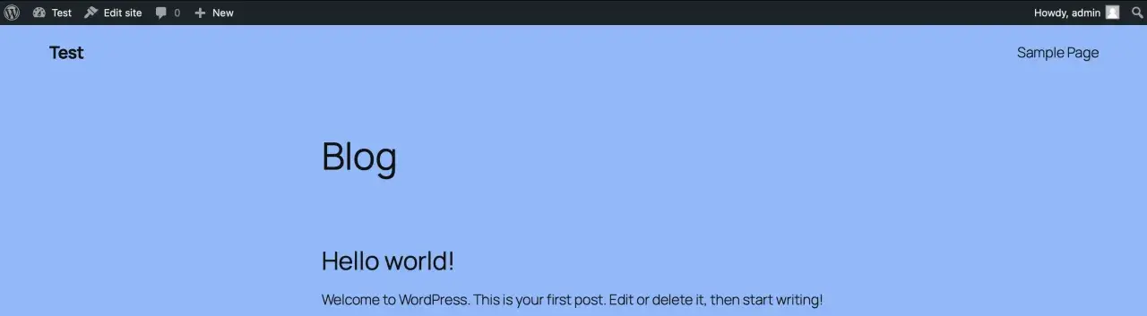 Pantalla de WordPress con título "Test", post "Blog" y "Hello world!". Ideal para empezar a crear plugin WordPress.