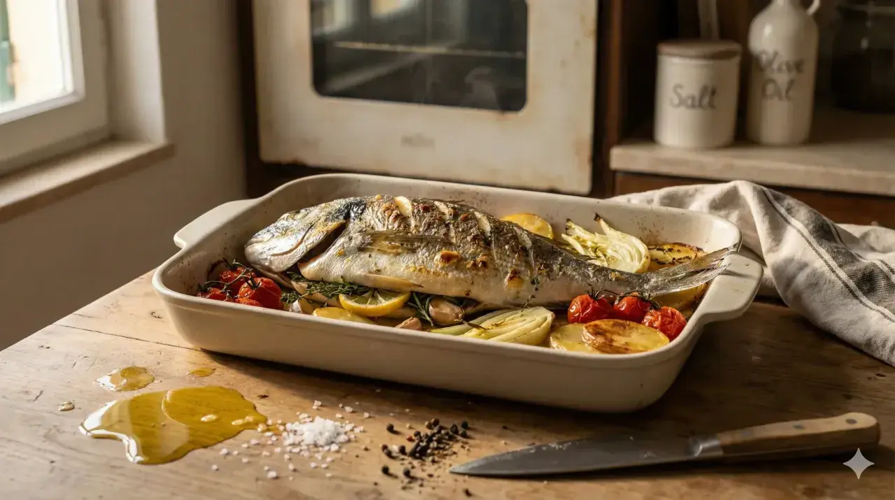 Dorade royale entière, rôtie au four avec des pommes de terre, tomates cerises, fenouil et citron. Un plat savoureux prêt à être dégusté.