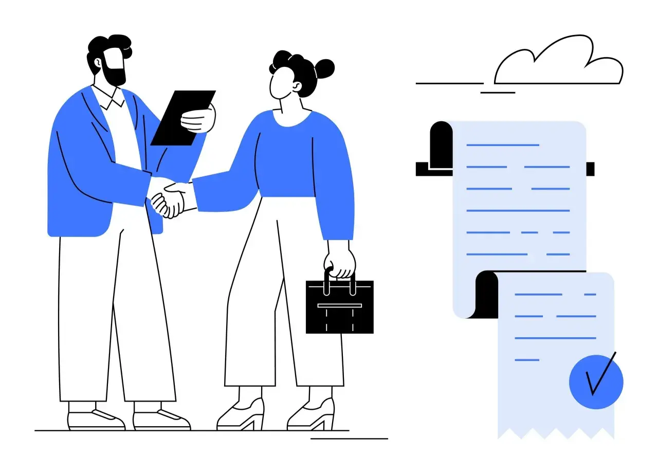 Dos personas se dan la mano mientras un documento con una marca de verificación indica que firmar por orden es legal.