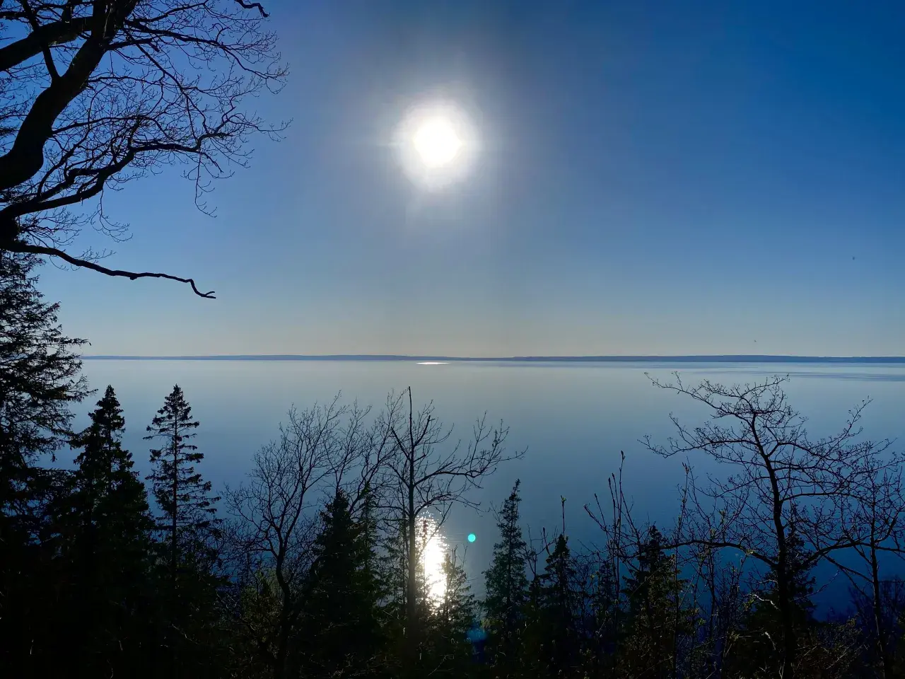 En solig dag för omberg vandring. Träd silhuetter mot en klarblå himmel och ett glittrande vatten.