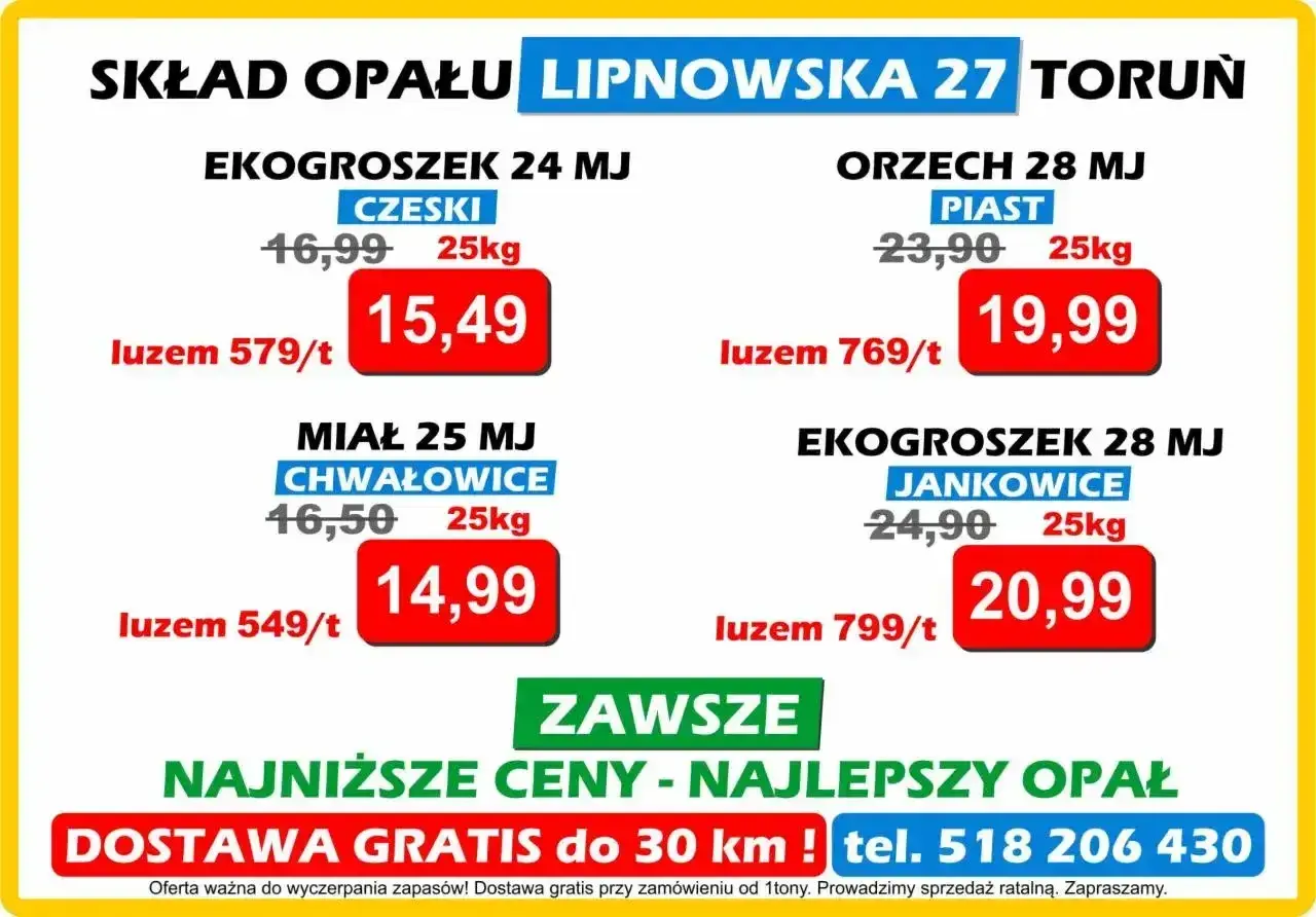 Ceny węgla: ekogroszek od 579 zł/t, orzech od 769 zł/t, miał od 549 zł/t. Dostawa gratis do 30 km.