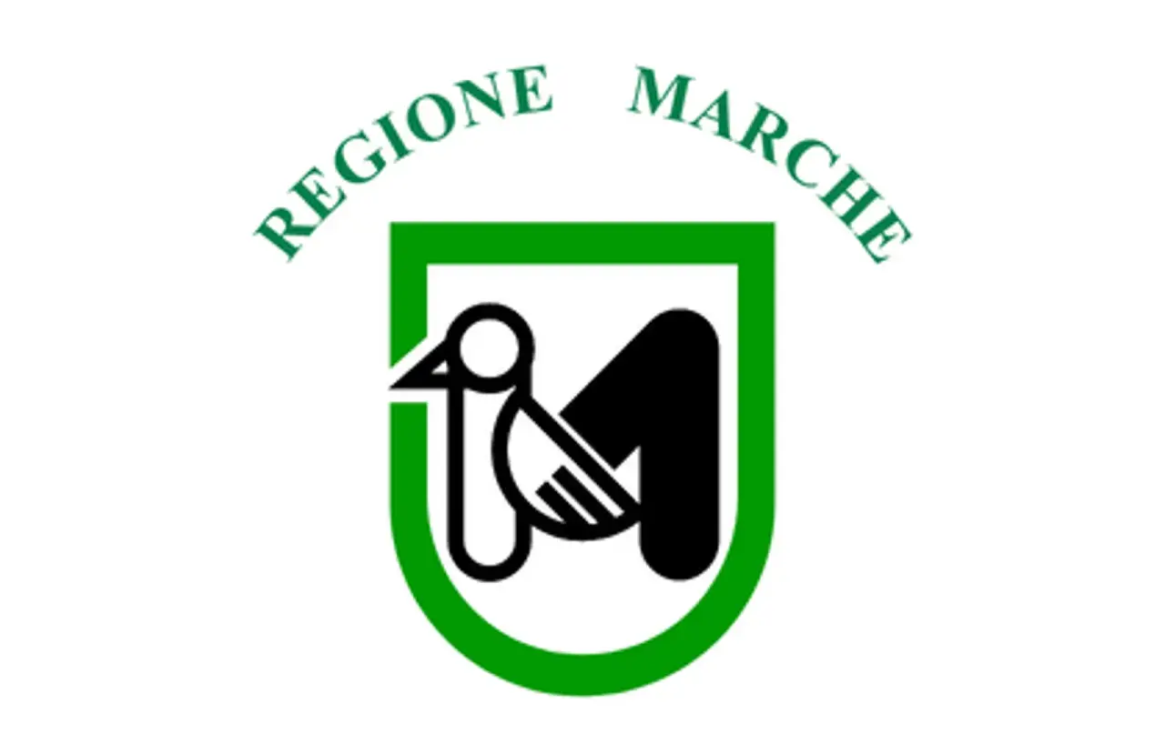 Simbolo della Regione Marche: un uccello stilizzato che forma la lettera M, racchiuso in uno scudo verde.