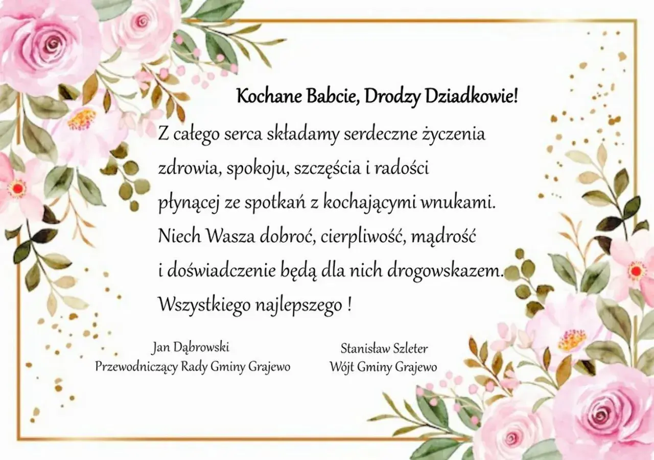 Piękne życzenia dla babci i dziadków, otoczone różowymi kwiatami. Niech dobroć i mądrość Wasza będzie drogowskazem dla wnuków.