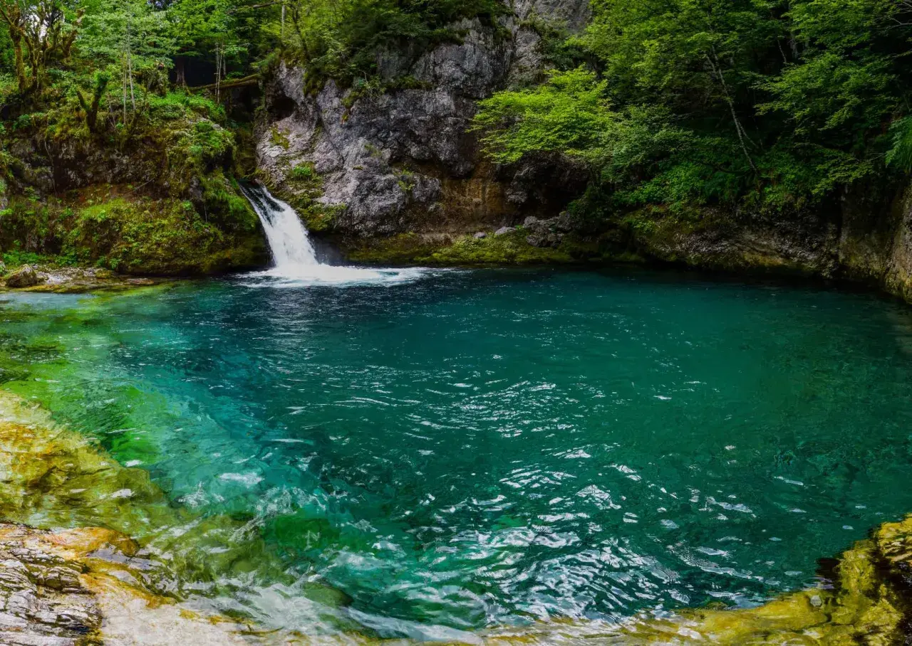 Le "Blue Eye" d'Albanie, une source d'eau cristalline aux nuances turquoise et émeraude, se jette dans un bassin naturel entouré de verdure luxuriante.