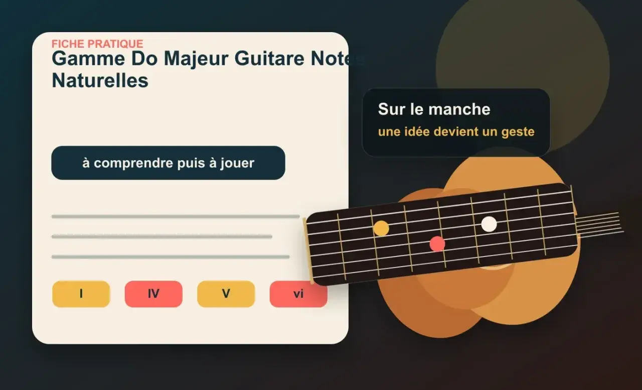 Fiche pratique sur la gamme Do Majeur pour guitare. Le manche de la guitare montre des notes pour apprendre la gamme.