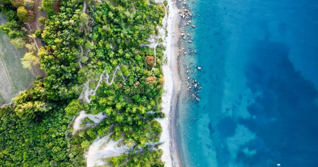 Luftaufnahme eines Küstenstreifens mit üppigem Grün, einem Kiesstrand und dem türkisfarbenen Ljubljana Meer.