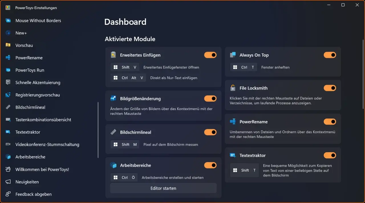 Dashboard der PowerToys mit aktivierten Modulen wie "Always On Top" und "PowerRename".