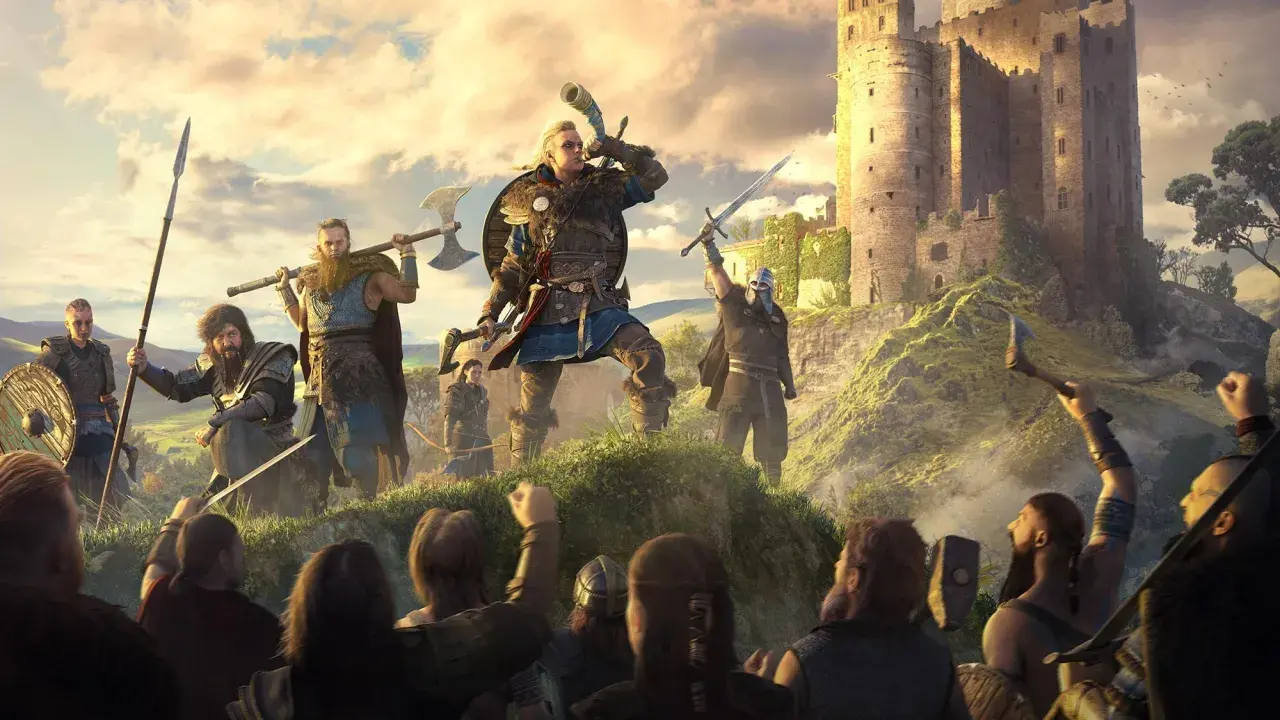 Wikingowie z Assassin's Creed Valhalla szturmują zamek. Lider z rogiem na ustach zagrzewa do walki.