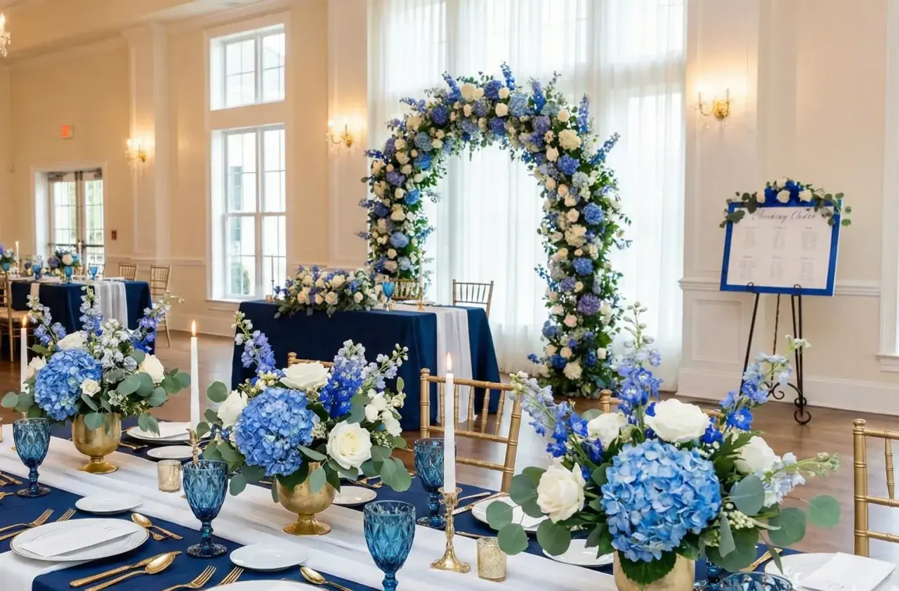 Elegancka sala weselna z niebieskim jako kolorem przewodnim. Kwiatowe łuki i dekoracje stołów w odcieniach błękitu i bieli.