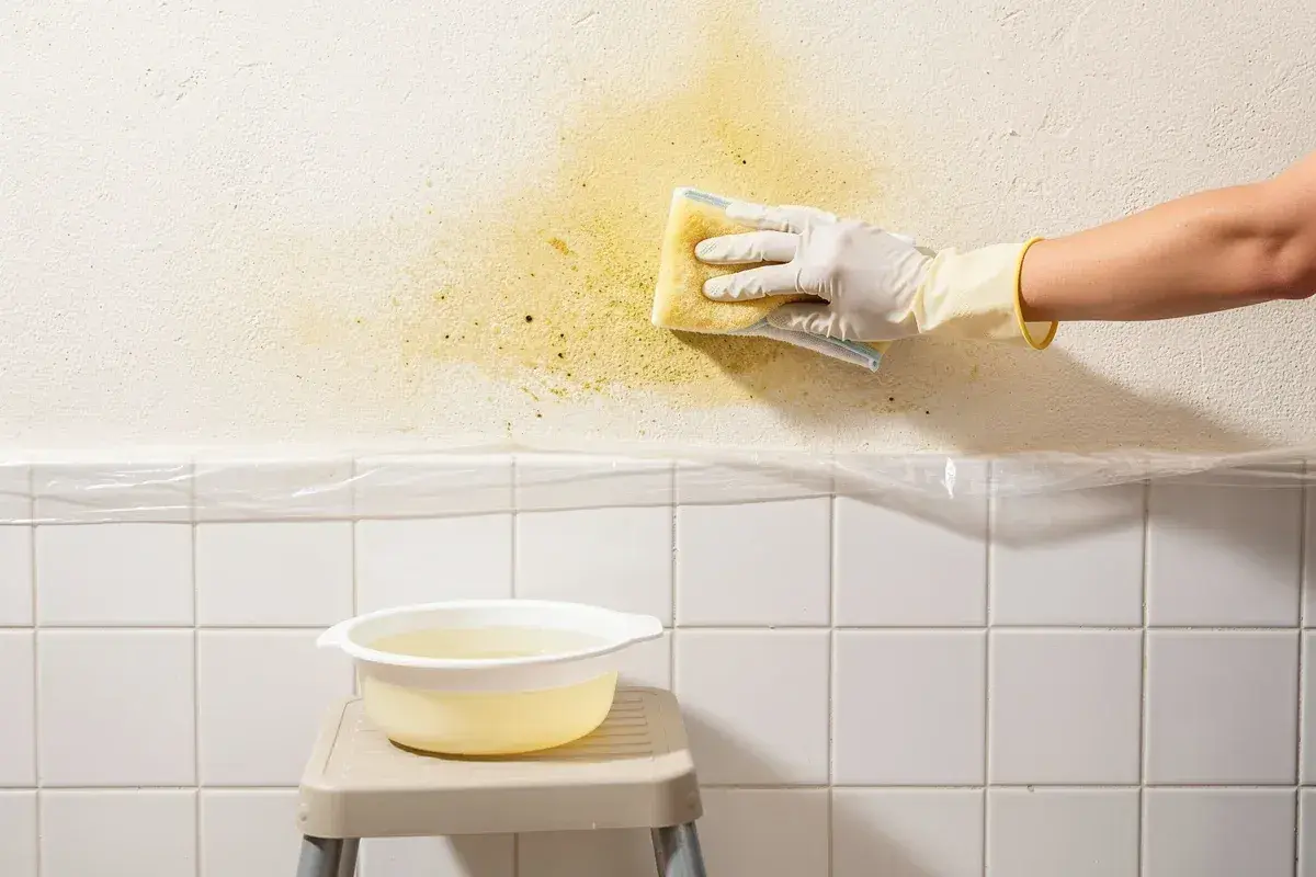Mano con guanto pulisce macchie gialle su cartongesso con una spugna. Sotto, piastrelle bianche e una bacinella d'acqua.