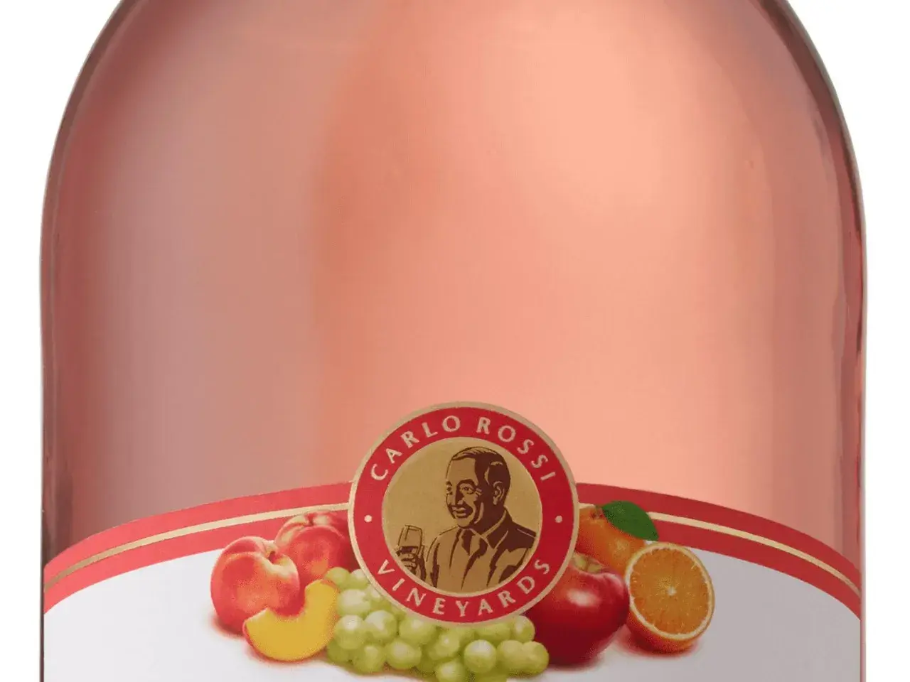 Butelka Carlo Rossi Pink Moscato z owocami: brzoskwiniami, winogronami, jabłkiem i pomarańczą.