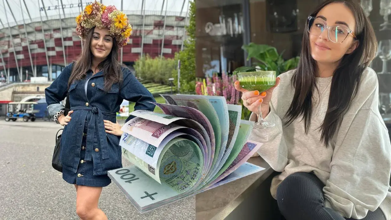 Ania z Rolnik szuka żony w wianku i dżinsowej sukience, obok stos banknotów. Po drugiej stronie Ania z zielonym koktajlem.