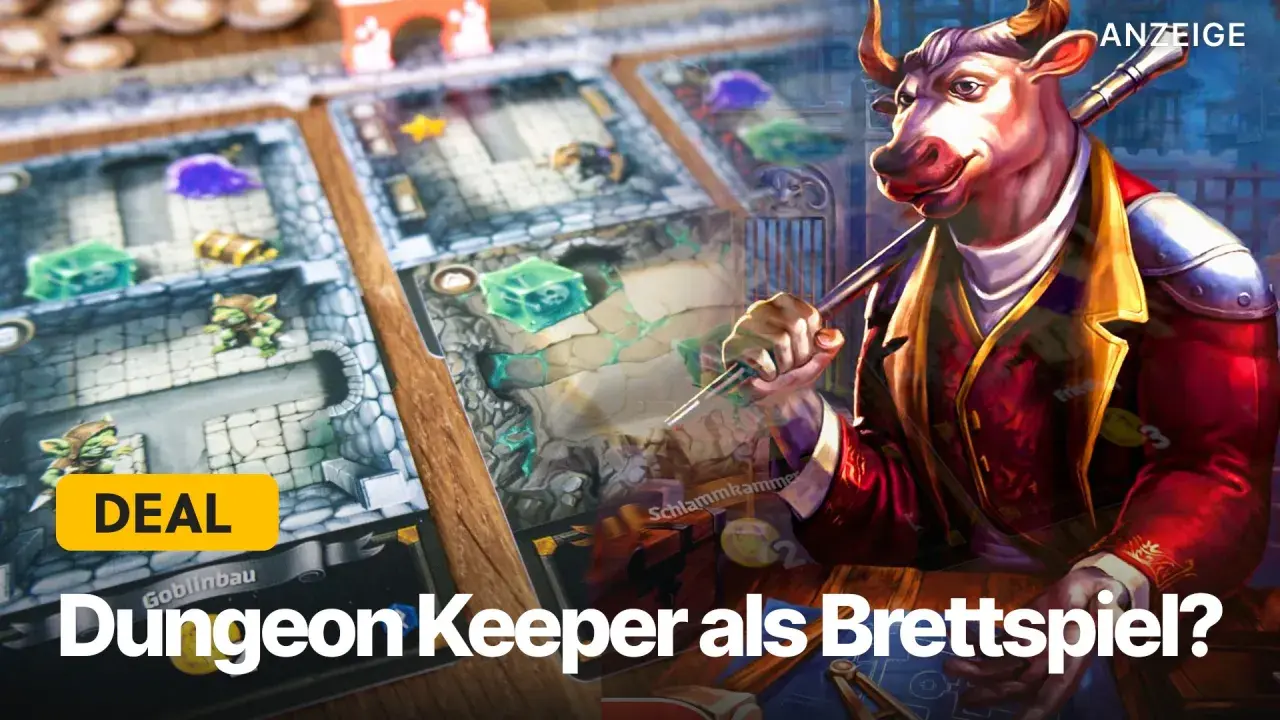 Ein detailreiches Dungeon-Crawler-Brettspiel mit Goblins, Schätzen und einem stilvollen Bullen-Charakter.