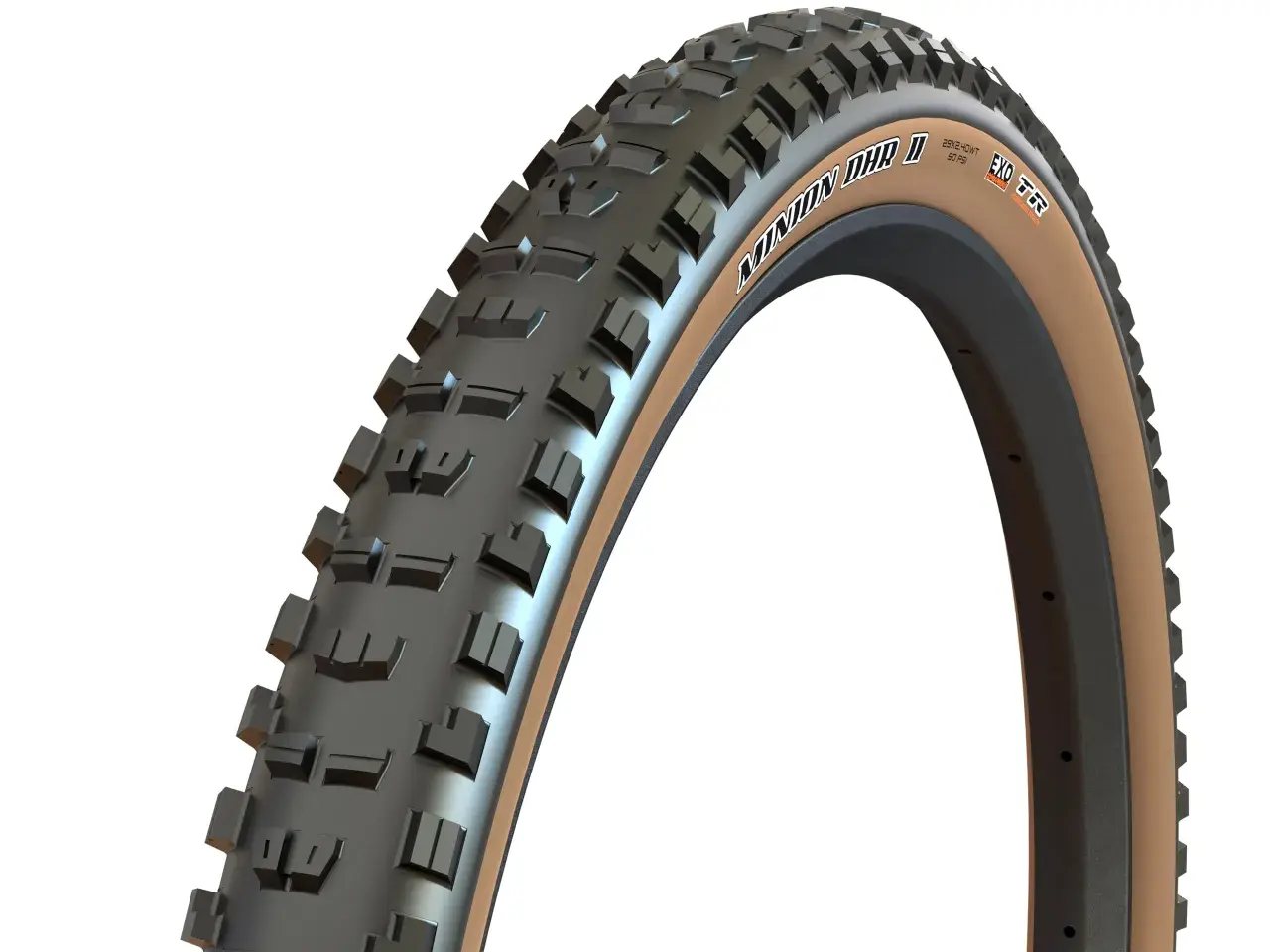 Close-up of a Maxxis Minion DHR II tire with tan sidewalls, ready for trail riding. Many riders praise these for their grip.