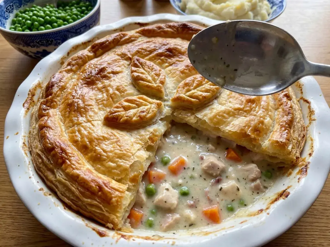 En gyllene kycklingpaj med krämig fyllning av kyckling, morötter och ärtor. Perfekt för ett mysigt kycklingpaj recept.