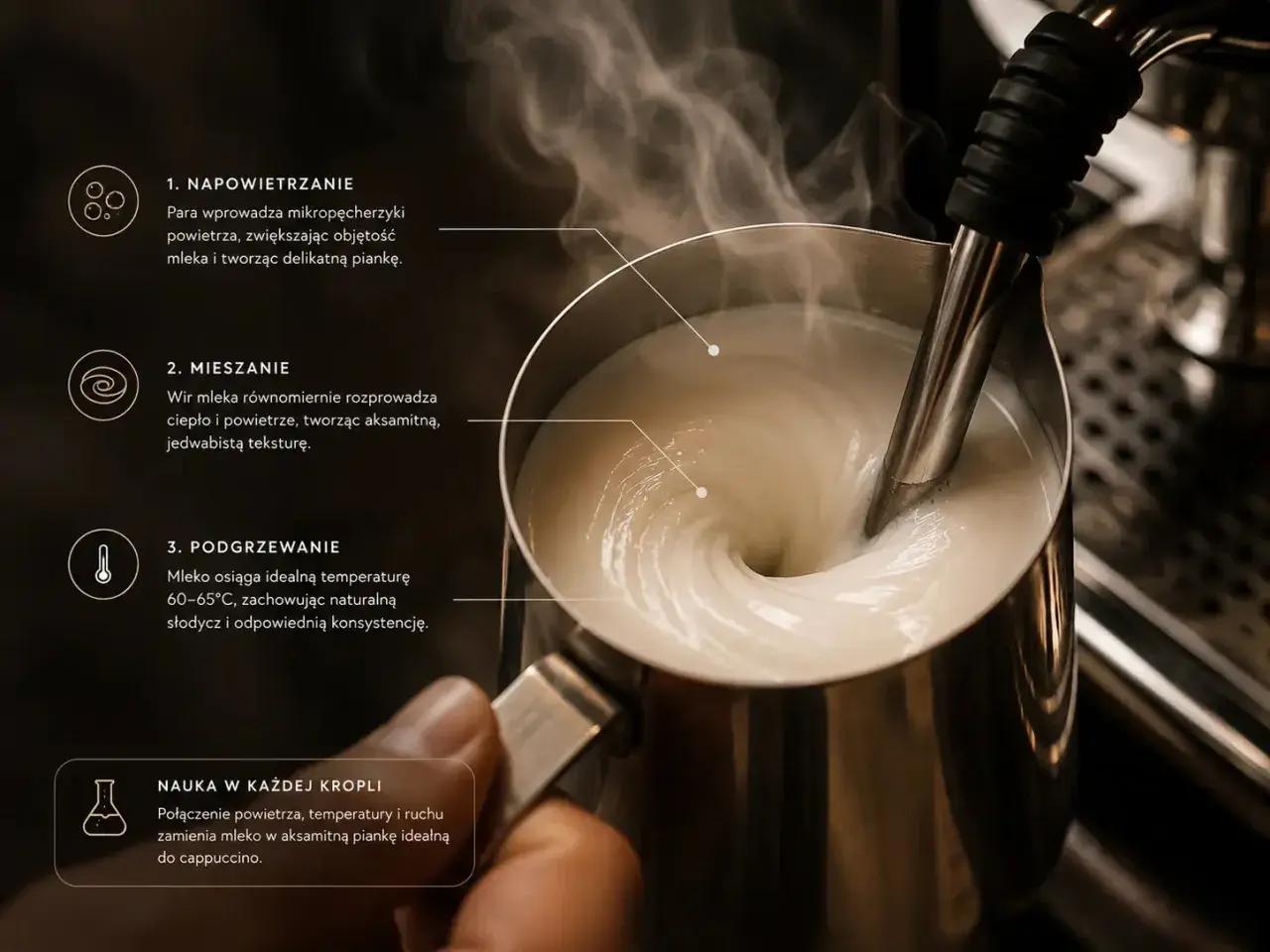 Mleko wiruje w dzbanku, tworząc idealną piankę do cappuccino. Proces napowietrzania, mieszania i podgrzewania sprawia, że czy cappuccino się miesza, uzyskując aksamitną teksturę.
