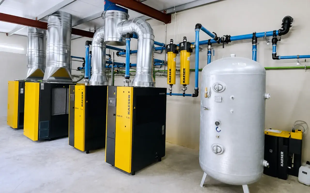 Instalación industrial con compresores y secadores de aire comprimido, tuberías azules y un gran tanque de almacenamiento plateado.