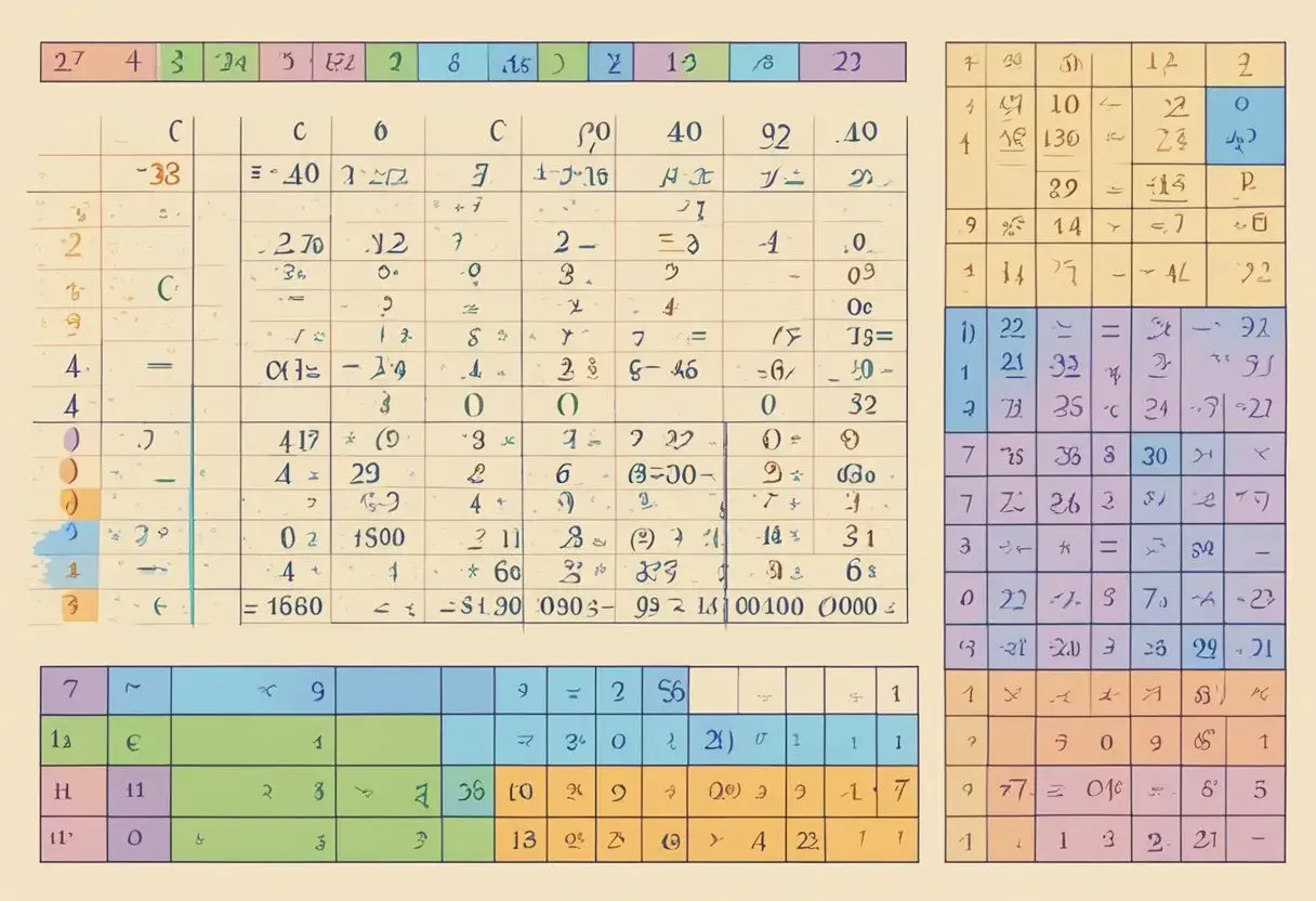 Fragmenty tabel z liczbami i symbolami matematycznymi.