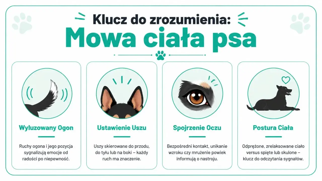 Mowa ciała psa: ogon, uszy, oczy i postawa. Ruchy ogona i jego pozycja sygnalizują emocje od radości po niepewność.