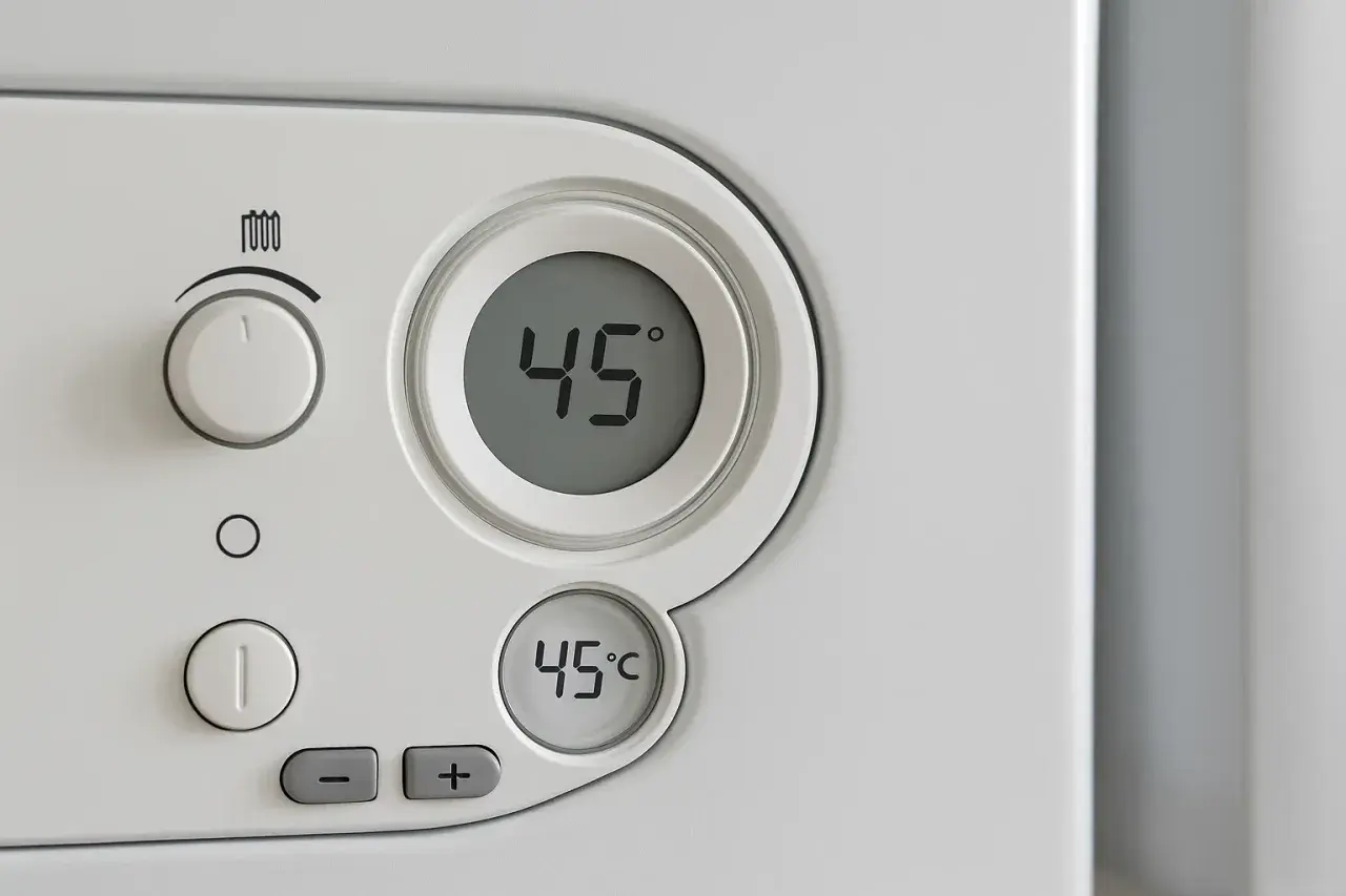 Panel sterowania pieca gazowego. Cyfrowy wyświetlacz pokazuje 45°C. Dowiedz się, jak wyłączyć piec gazowy na lato.