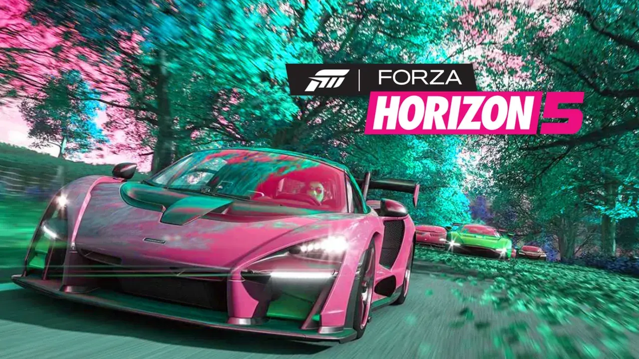 Ein pinker McLaren Senna rast durch eine bunte Landschaft. Der Schriftzug "Forza Horizon 5" ist prominent platziert, was auf einen Test des Spiels hindeutet.