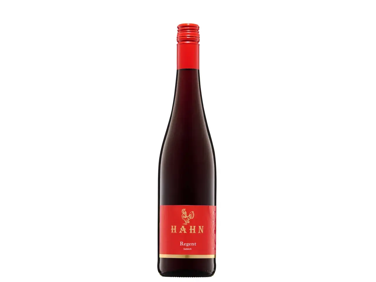 Flasche Rotwein der Marke HAHN, Sorte Regent, mit rotem Etikett und Hahn-Logo.