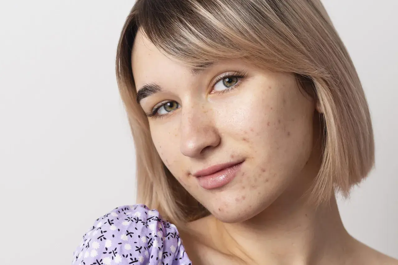 Primo piano di una giovane donna con brufoli da stress sul viso. Impara a riconoscerli e a gestirli.