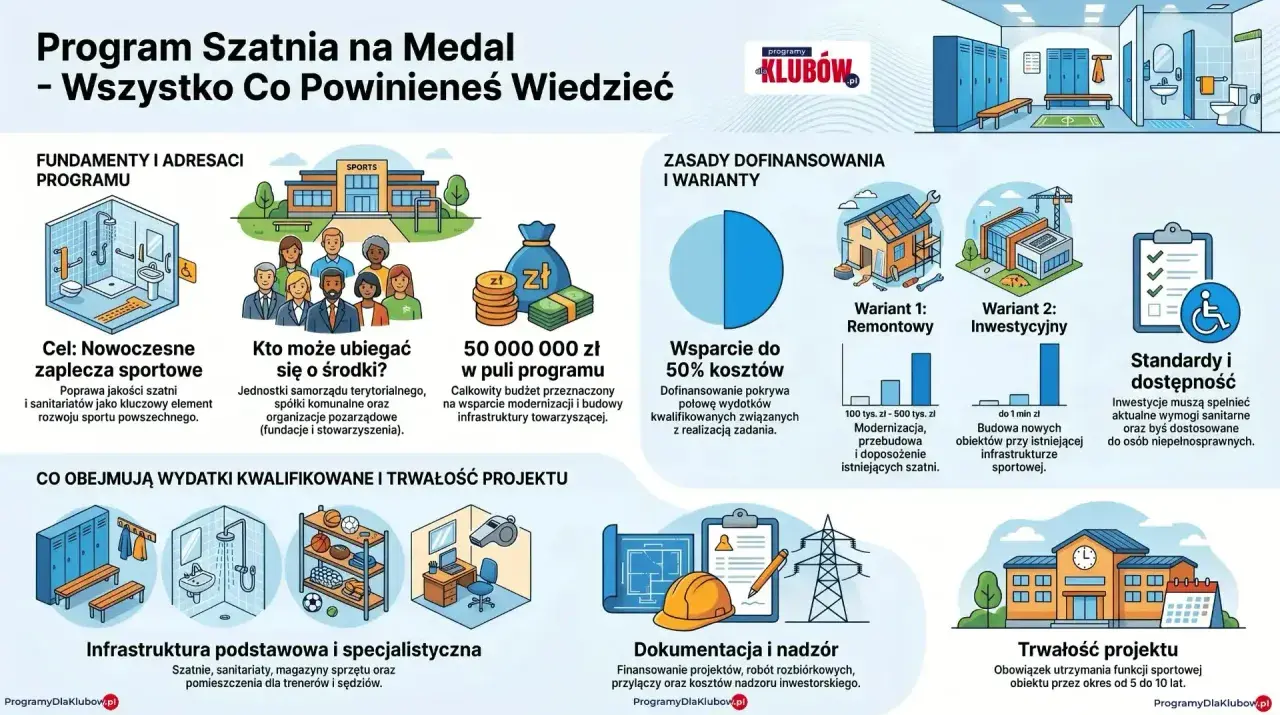 Ilustracja przedstawia nowoczesną szatnię sportową, grupę ludzi, worek z pieniędzmi i budynek.
