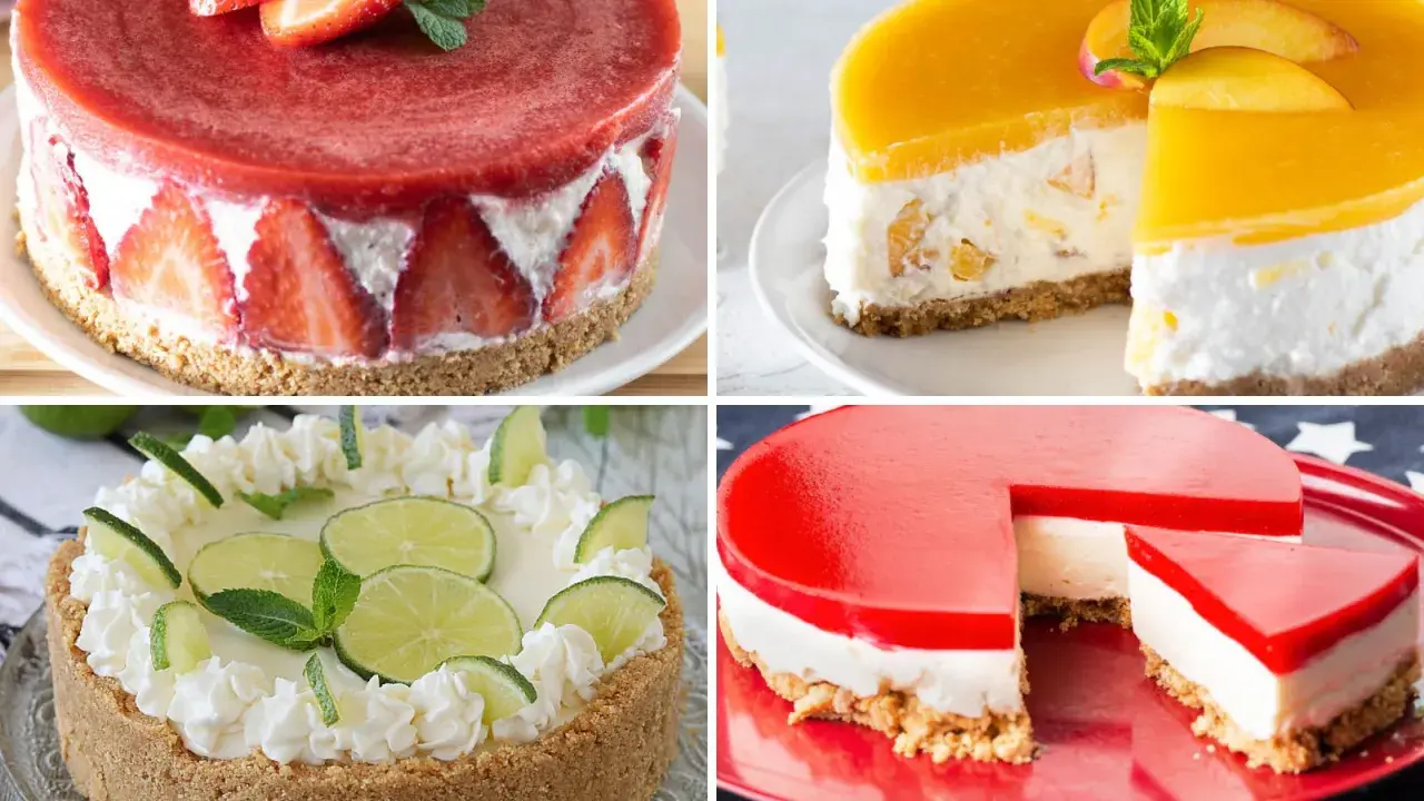 Quattro cheesecake: fragola, pesca, lime e gelatina rossa. Ogni topping cheesecake è un'opera d'arte.