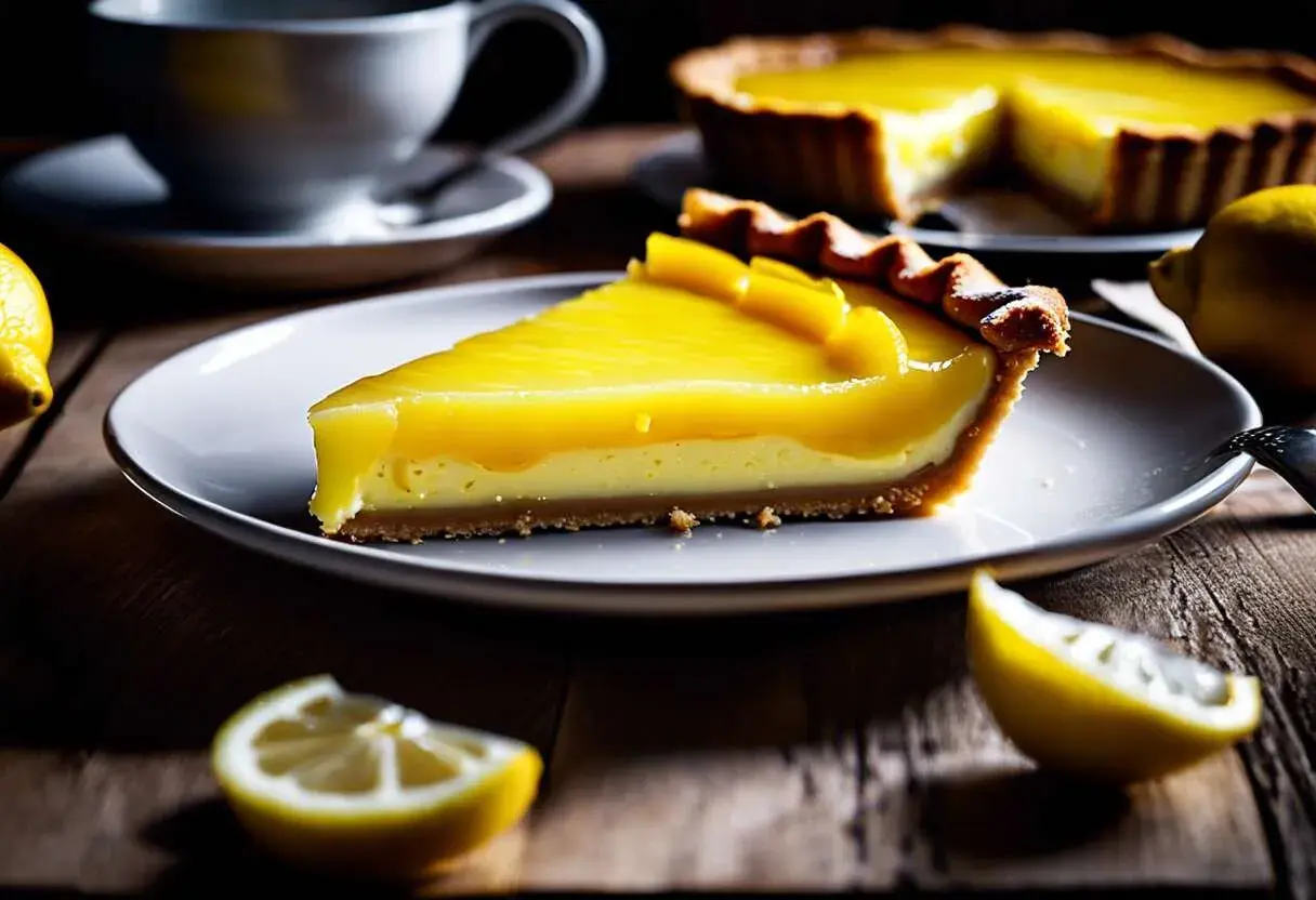Une part de tarte au citron onctueuse, avec une garniture brillante et une croûte dorée, accompagnée de citrons frais et d'une tasse de café.