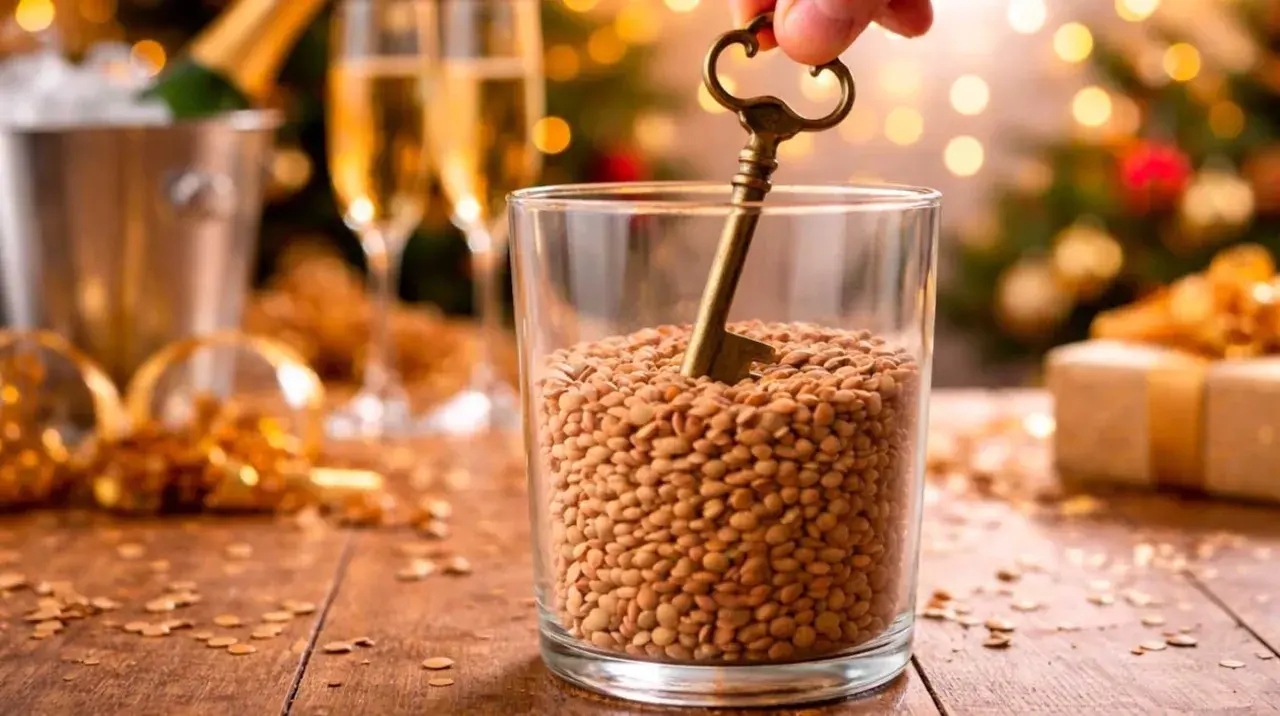 Llave antigua en un vaso lleno de lentejas, con copas de champán y regalos de fondo. ¡Un buen augurio para soñar con lentejas y prosperidad!